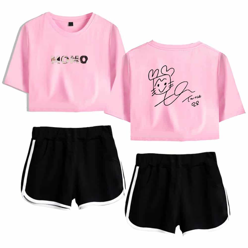 K-pop merch, pink graphic t-shirt and black shorts set featuring vibrant designs and signatures, perfect for K-pop fans to showcase their fandom with stylish, comfortable apparel.