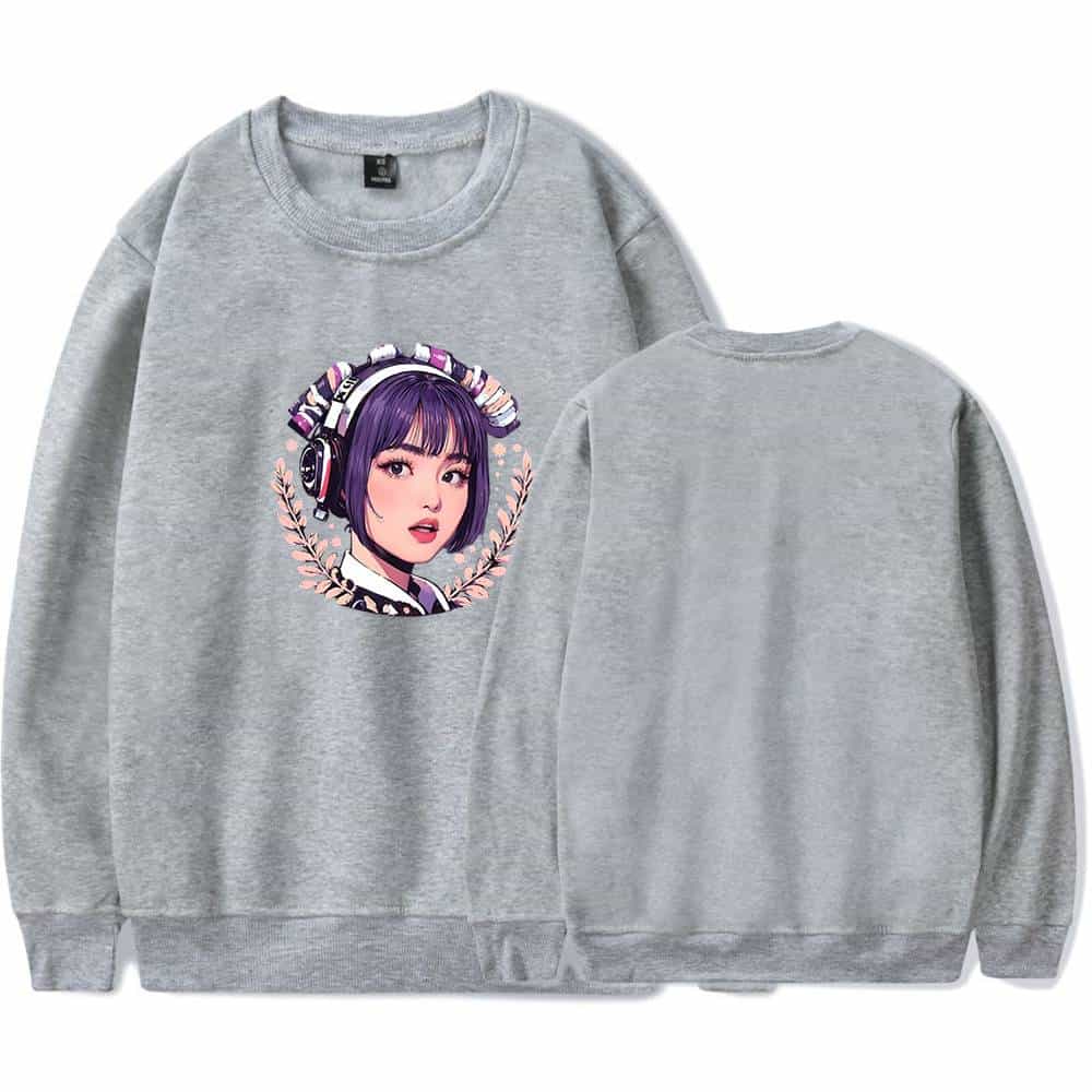 Purple girl with headphones graphic sweatshirt, grey crewneck sweatshirt, trendy kpop merchandise, stylish casual wear, wearable concert fashion, comfortable everyday clothing, unique pop culture apparel, fun for fans, fashionable streetwear, artist-inspired design.