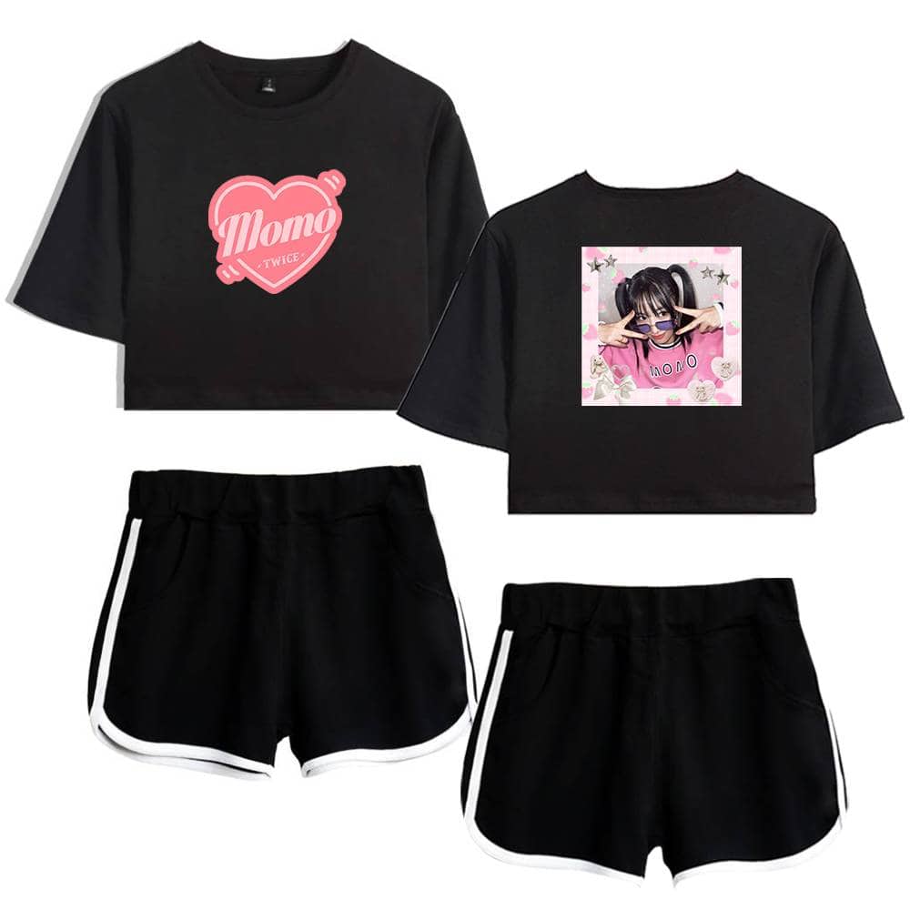 Twice kpop merch set featuring black crop tops with pink graphic designs and matching black shorts with white trim targetting fans of TWICE Momo.