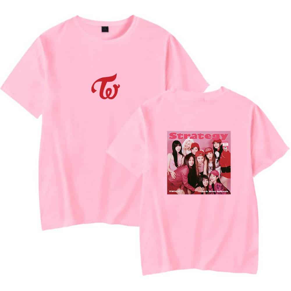 Twice Kpop merch pink t-shirt with TWICE logo and album cover artwork, perfect for fans and collectors. Stylish and vibrant, ideal for showing support for the popular K-pop girl group. Great gift idea.