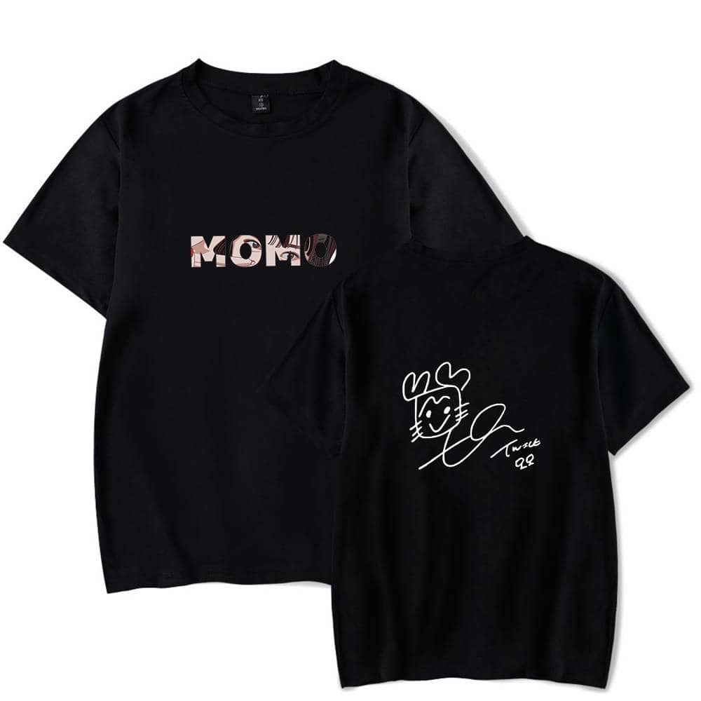 MOHO black t-shirt with playful graphic design and handwritten signature, perfect for K-pop fans and merchandise collectors. Twice members playful logo on a sleek black background.