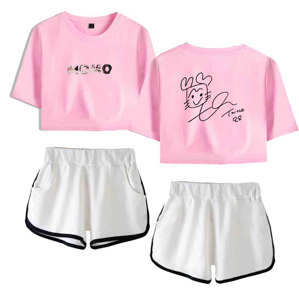Pink Kpop merchandise set featuring a graphic T-shirt with doodle art and personalized autograph design, paired with stylish white shorts with black trim, perfect for fans and collectors.