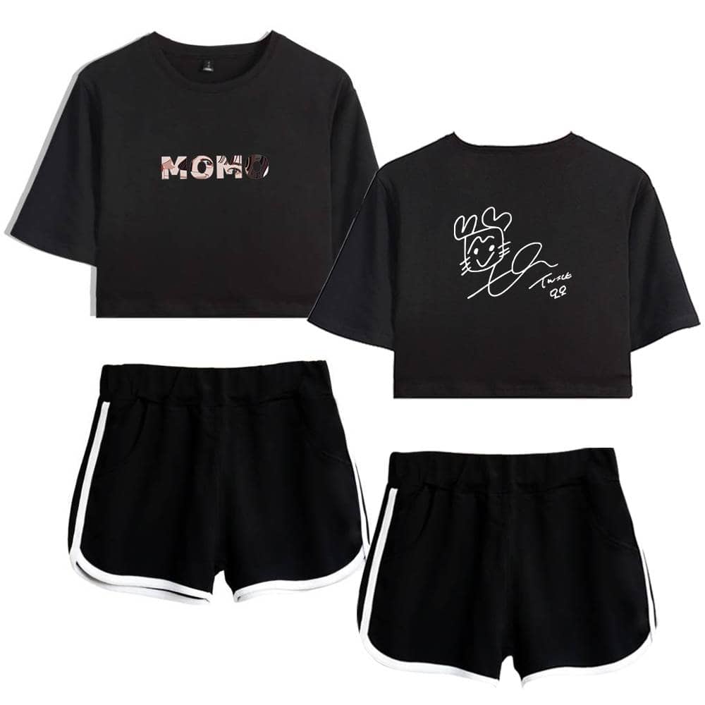 Black crop top and shorts matching set with K-pop Y2K design and graphics, perfect for K-pop fan fashion and casual wear.