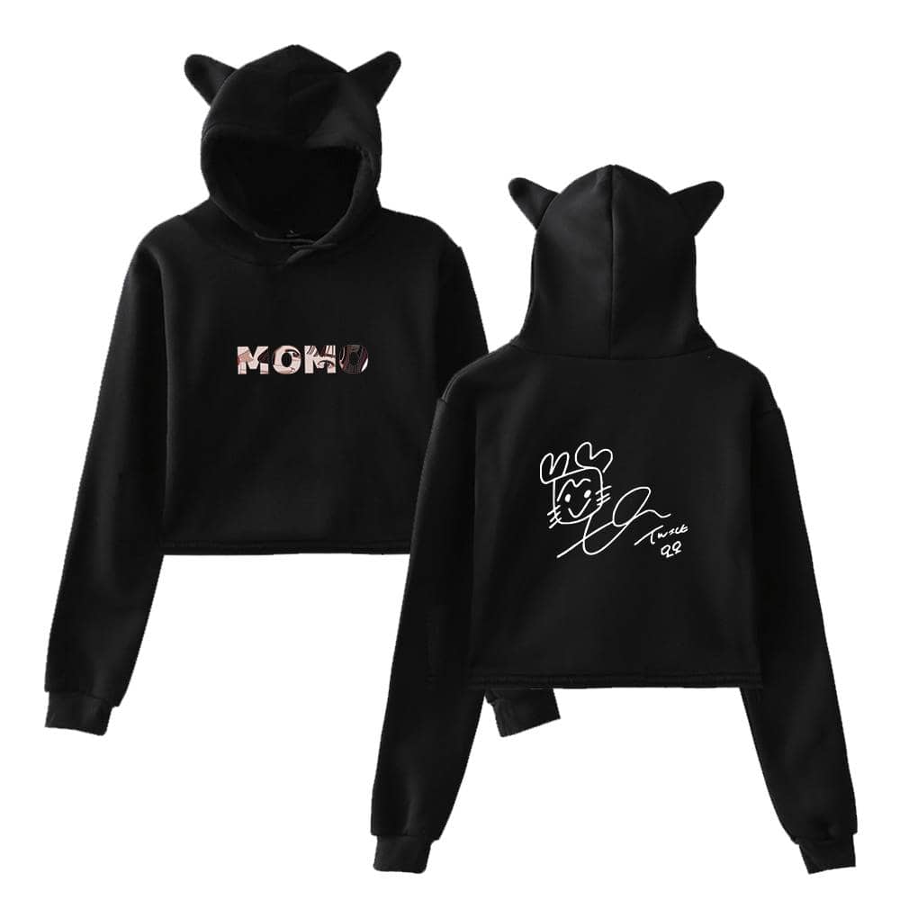 Momo black hoodie with cute cat and heart graphic, perfect for K-pop fans.