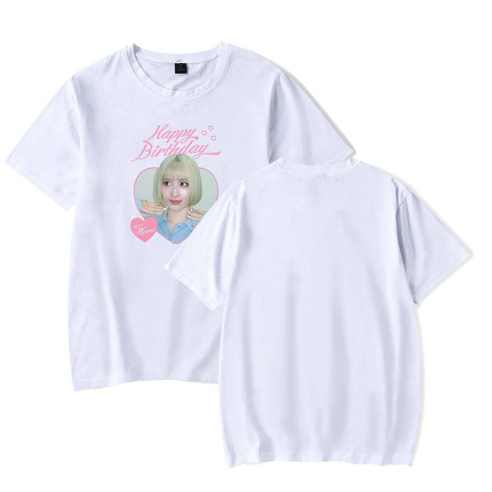 Cute K-pop merchandise featuring a white T-shirt with a colorful birthday design and an image of a female idol, perfect for fans to celebrate special occasions. Twice K-pop fan apparel, stylish and trendy.