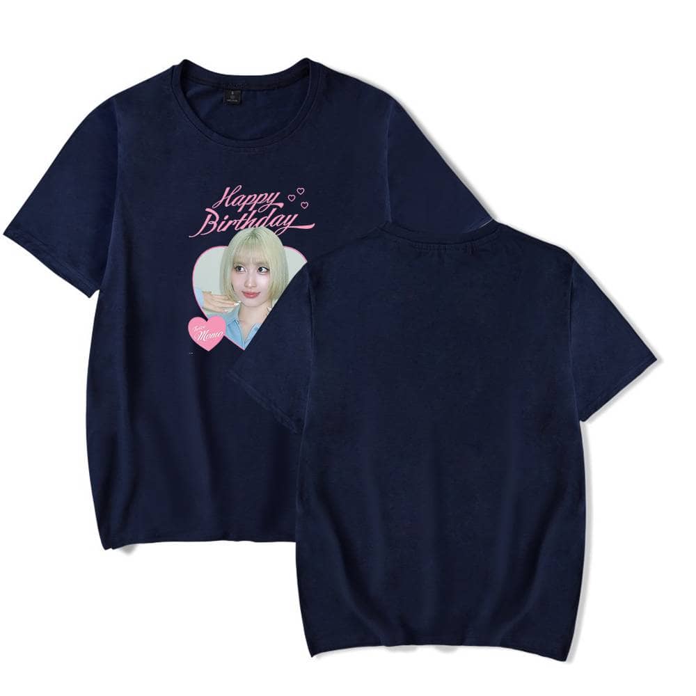 Happy birthday kpop merch shirt with a photo of a girl and pink lettering for fans and celebrations.