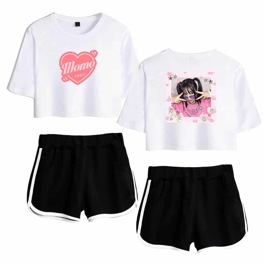 White t-shirt with pink "Momo" graphic and girl with pigtails print, black athletic shorts with white stripes, casual K-pop merchandise set for fans, trendy and comfortable K-pop themed clothing, perfect for teen fans and concert wear.
