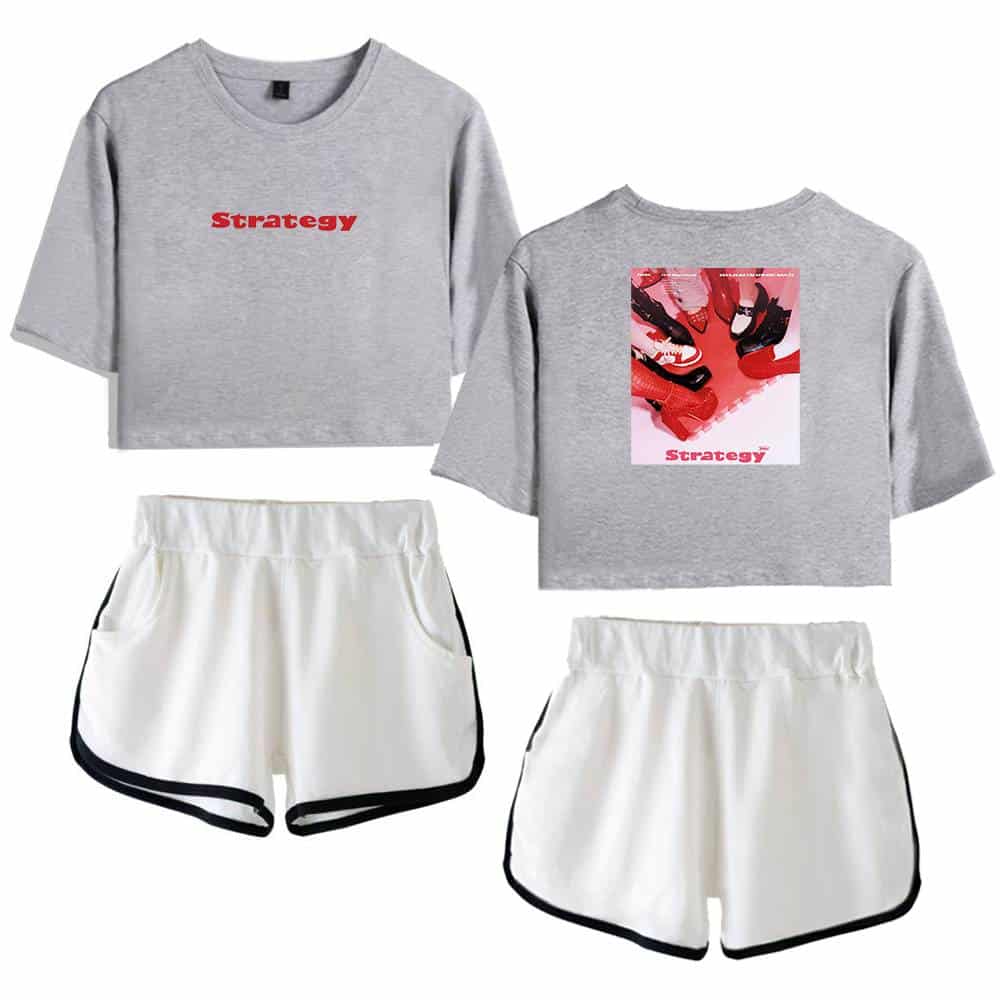 Strategy cropped sweatshirt and shorts set with graphic and text design.