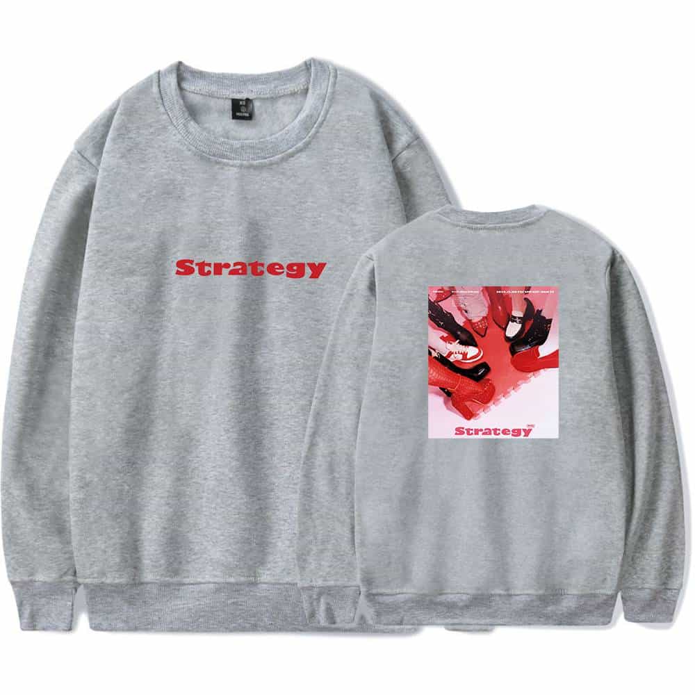 Strategy sweatshirt with red print design, featuring multiple pairs of sneakers, perfect for K-pop merch fans. Double K-pop merch for trendy, stylish K-pop group lovers.
