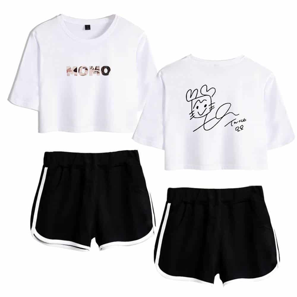 Kpop merchandise set featuring two stylish white cropped t-shirts with unique graphics paired with black athletic shorts with white trim. Perfect for Kpop fans.