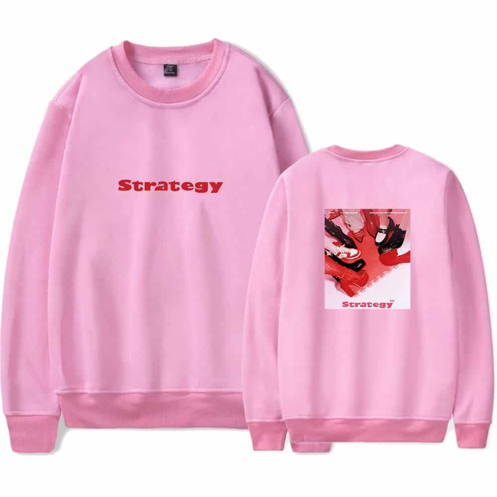 Strategy pink sweatshirt with bold red text and graphic print of sneakers on the back, perfect for K-pop fans, twice merchandise, trendy casual wear for fans of Twice.
