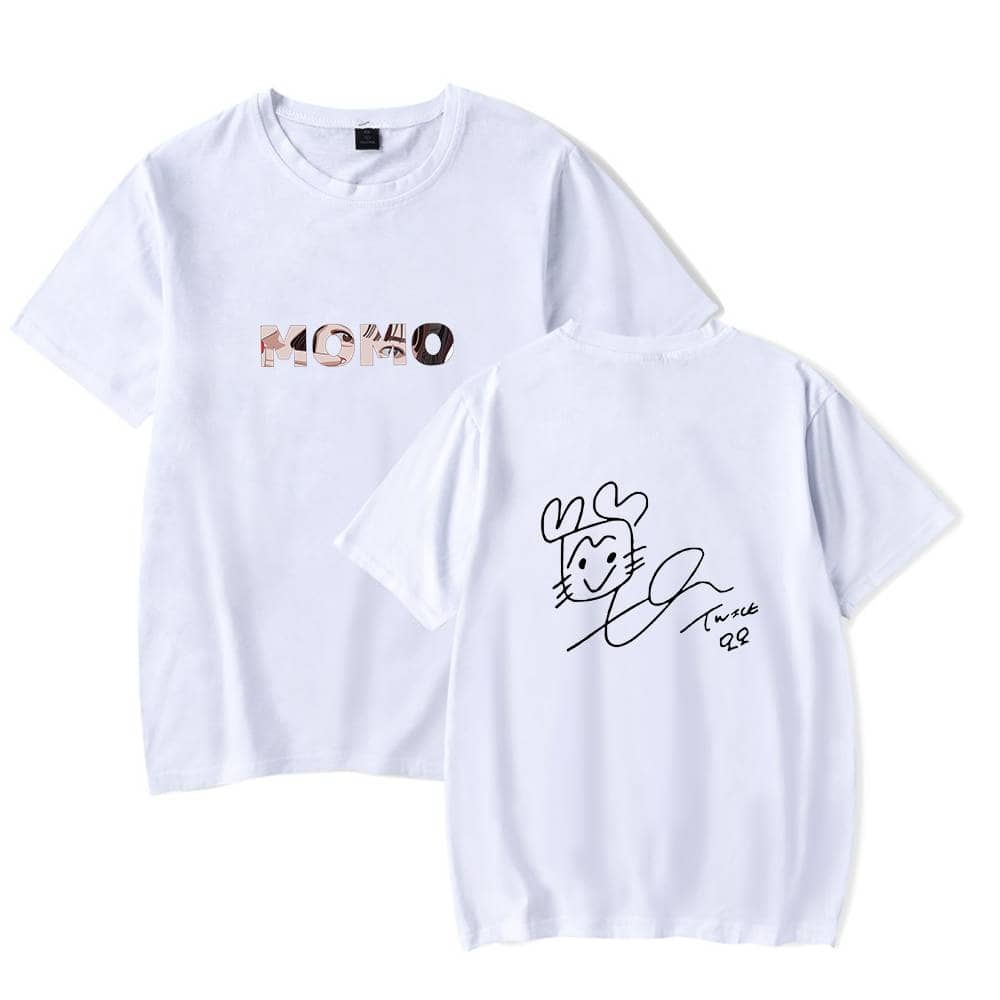Moho kpop merchandise T-shirt with cartoon cat design and signature print, perfect for fans of BTS TWICE, shows stylish and trendy style, great for collection or casual wear, and makes excellent gift.