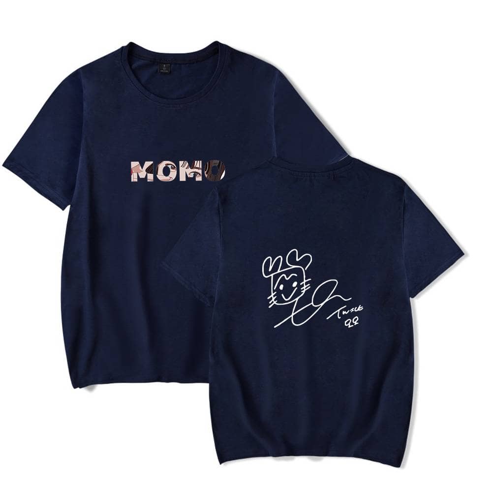 Momo kpop merchandise t-shirt, navy blue with artistic design, stylish and trendy K-pop fan apparel, perfect for showing support for your favorite idols.