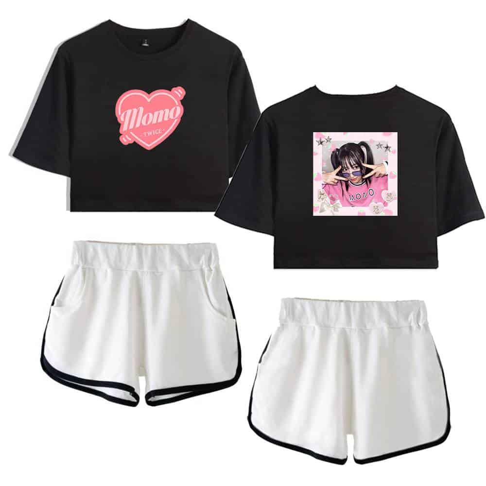 Momo twice kpop merchandise, casual crop top and shorts, black and white athletic wear, K-pop fan apparel, trendy twin K-pop merch for fans.