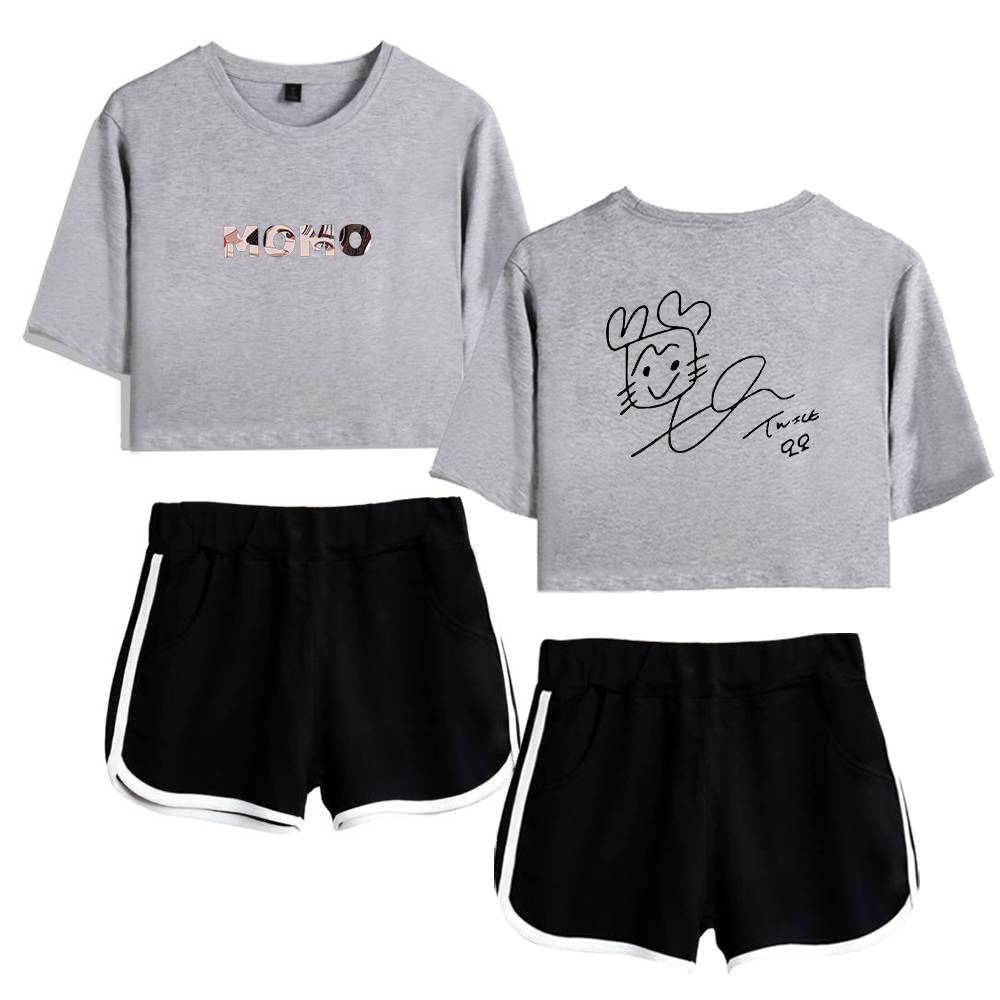 K-pop merch featuring two trendy cropped sweatshirts with unique designs and paired with black athletic shorts with white stripes. Perfect for K-pop fans who love stylish and comfortable apparel.