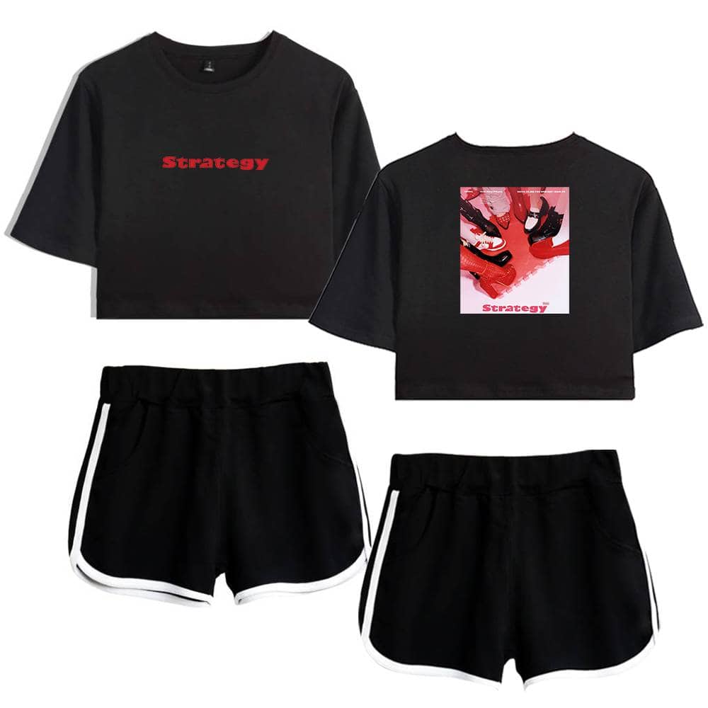Strategy sweatshirt and shorts, K-pop merch featuring black clothing with bold red text and graphic designs, perfect for fans of trendy and stylish K-pop fashion.