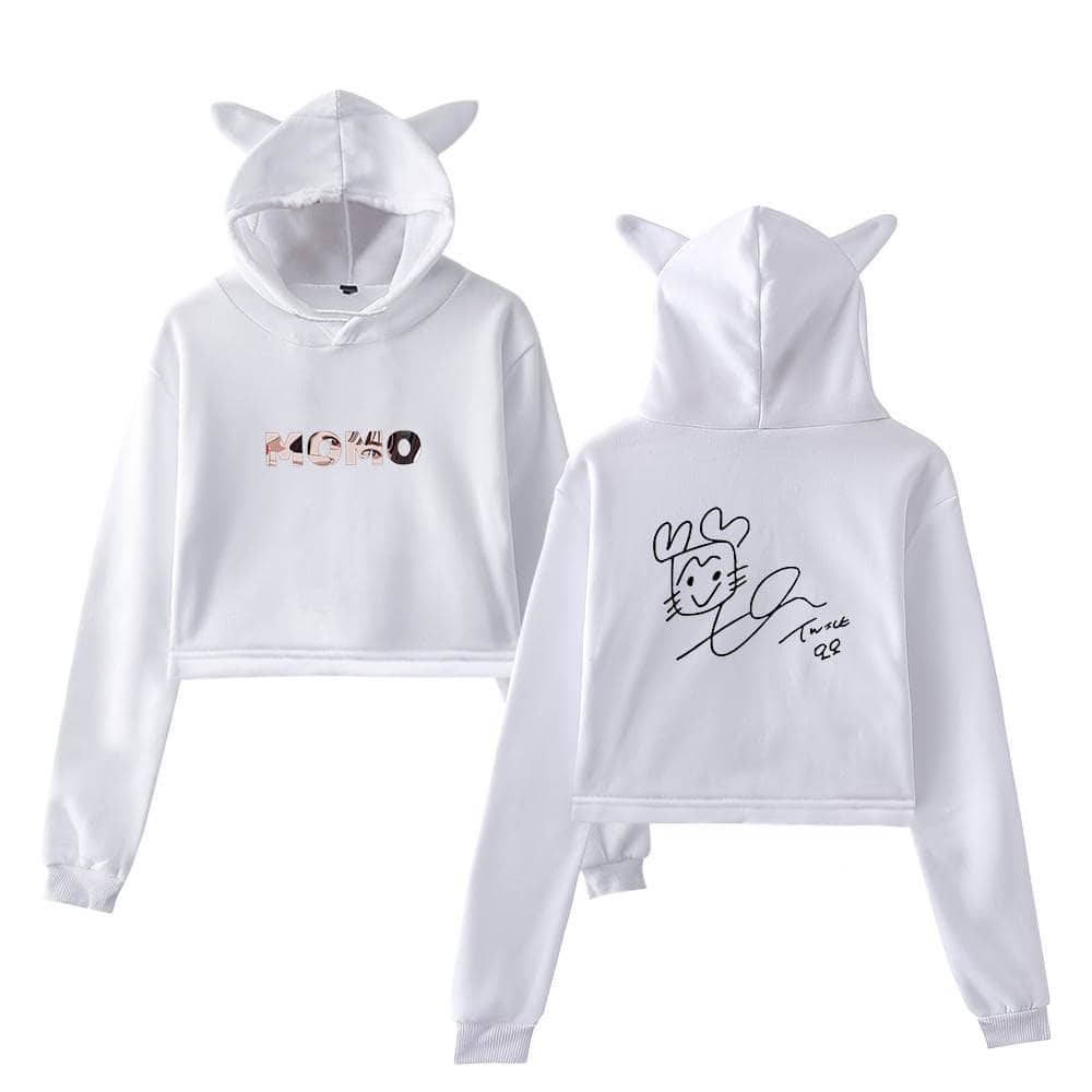 Hoodie with animal ears and "KCH" graphic on front, cute cartoon face on back, perfect for K-pop fans.