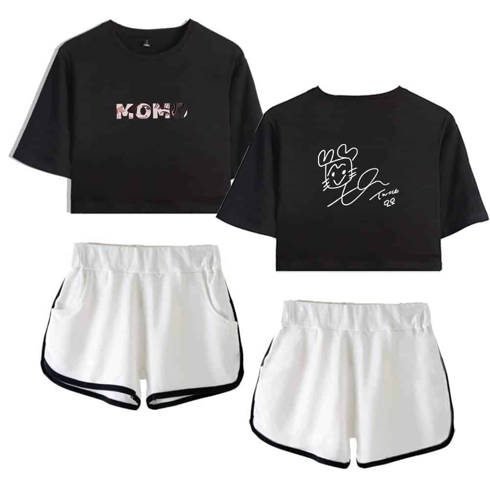 Black cropped sweatshirt with K-pop logo and signature, paired with white athletic shorts with black trim.