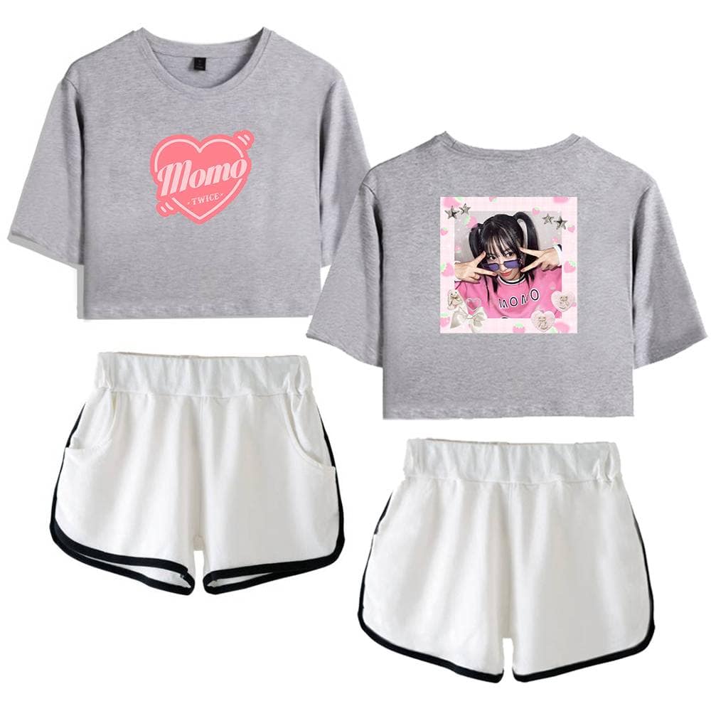 Momoo TWICE K-pop crop top and shorts set for fans, featuring vibrant prints and fun designs inspired by the popular girl group, perfect for casual wear or concerts.