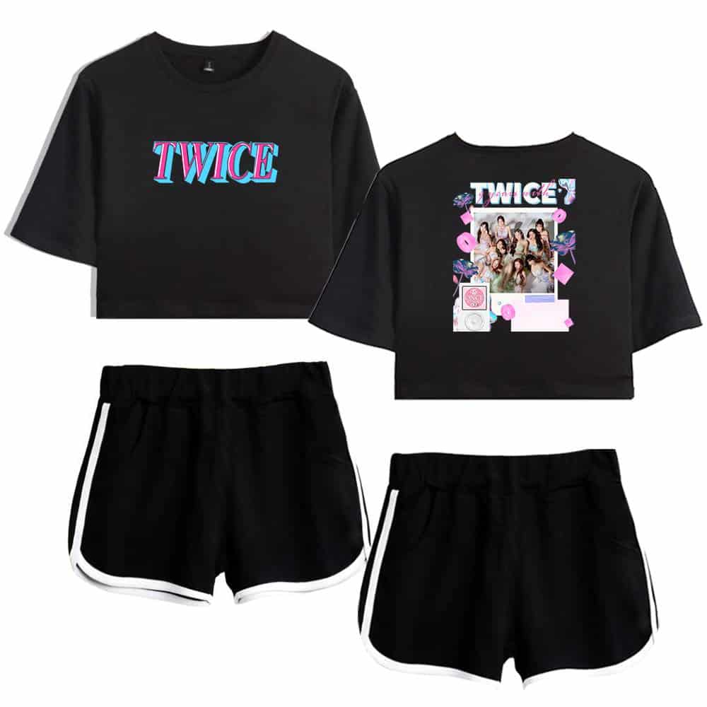Twice Kpop merch set featuring black cropped t-shirts with TWICE logo and group photo, paired with black shorts with white trim, perfect for fans and casual wear.