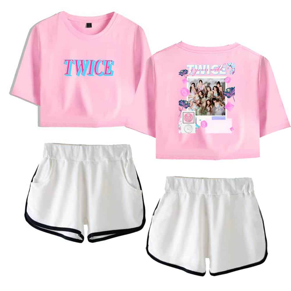 Twice kpop merch, twice kpop merch, Pink twitch graphic t-shirt and white athletic shorts, vibrant merchandise inspired by the K-pop girl group TWICE featuring their logo and photo collage, perfect for fans and concerts, stylish and trendy.