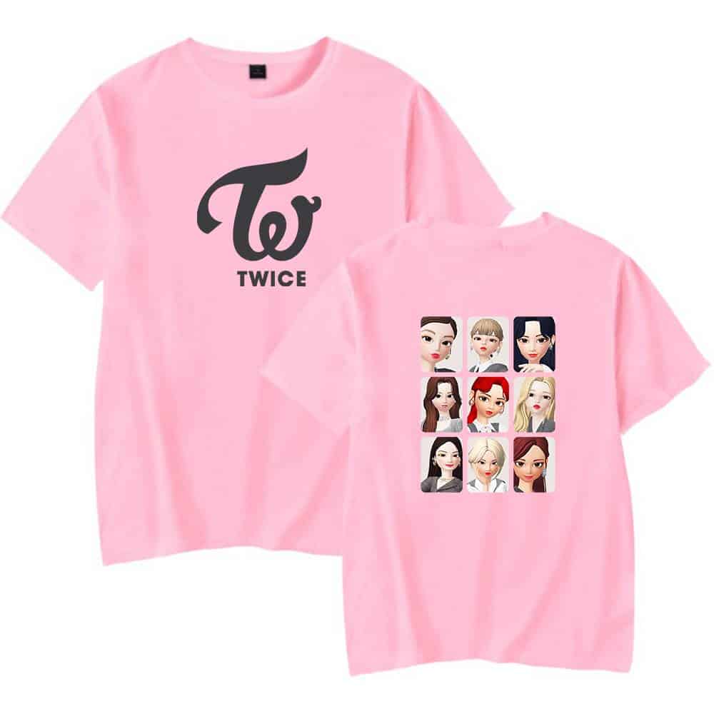 Twice kpop merch, pink TWICE T-shirt with cartoon member illustrations, K-pop fandom clothing, girl group concert apparel, trendy South Korean music merchandise, idol band fan gear, vibrant K-pop group logo, stylish fan T-shirt for TWICE fans, official merchandise for K-pop enthusiasts, colorful and fun TWICE fan apparel.