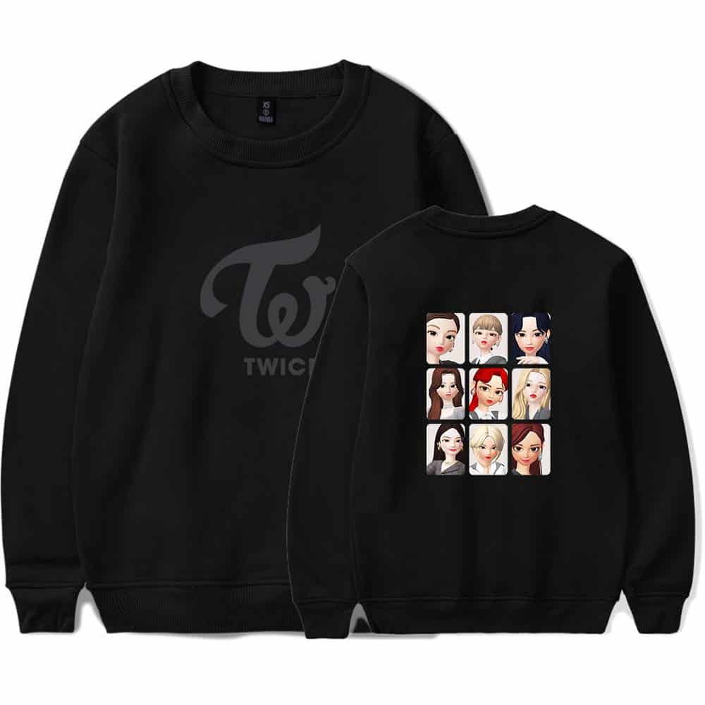 TWICE K-pop merchandise sweatshirt with cartoon illustrations of the group members, black color, casual style, perfect for fans and concerts.