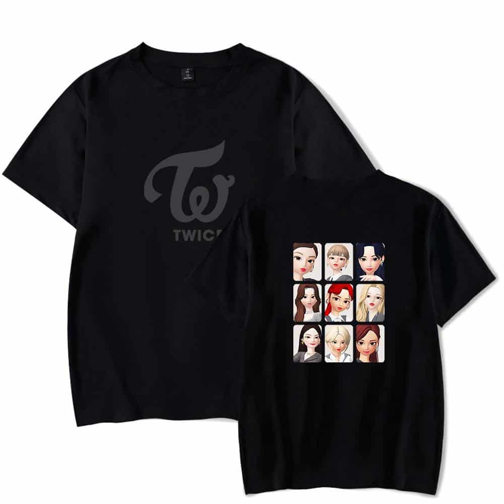 Twice Kpop merch t-shirt with cartoon girl faces and TWICE logo, great for fans of the K-pop group. Perfect for showcasing your love for Twice with stylish and trendy apparel.