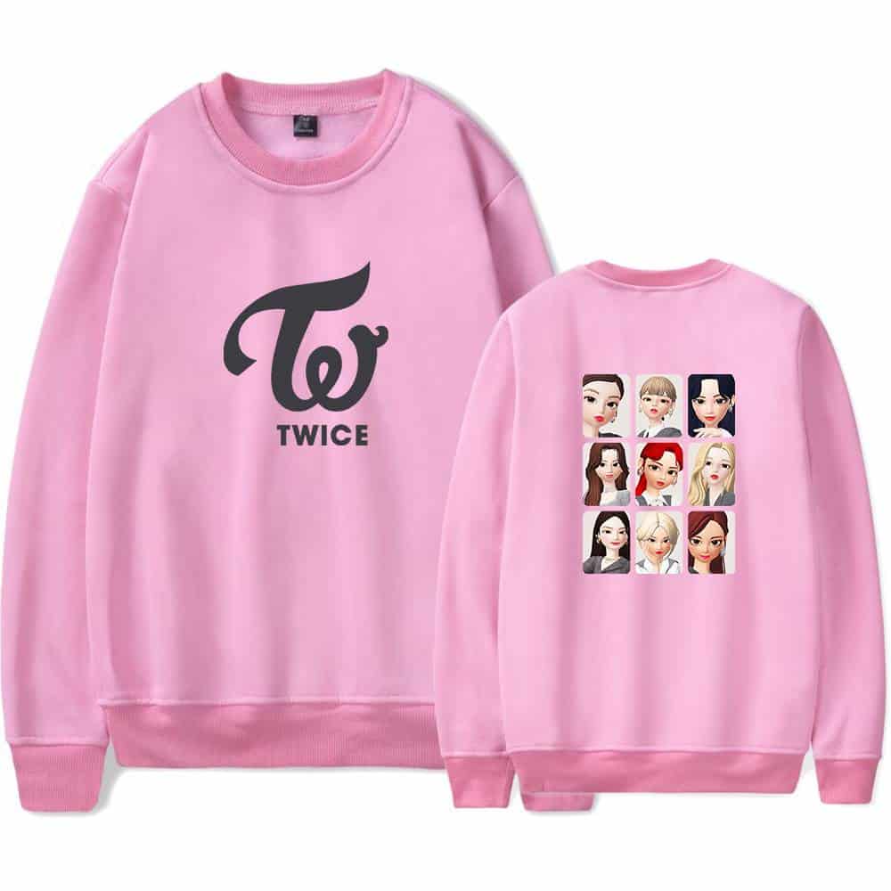 Twice kpop merch, pink TWICE sweatshirt featuring the group's logo on the front and animated member portraits on the back.