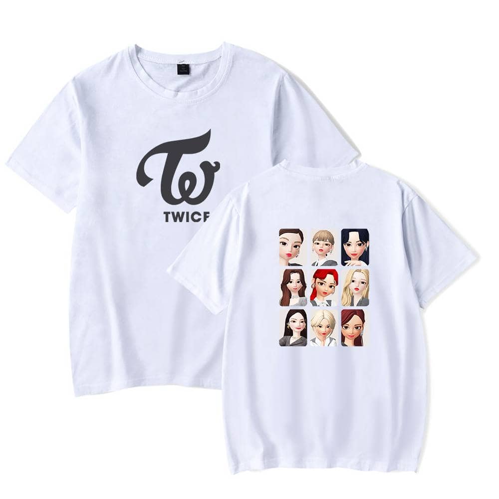 Twice kpop merch, T-shirt with the TWICE logo and illustrated member portraits, perfect for fans and collectors, showcasing official K-pop merchandise from TWICE.