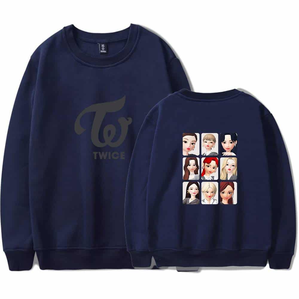 TWICE K-pop merchandise sweatshirt featuring the group's logo on the front and animated portraits of the members on the back. Perfect for fans to showcase their support for TWICE.