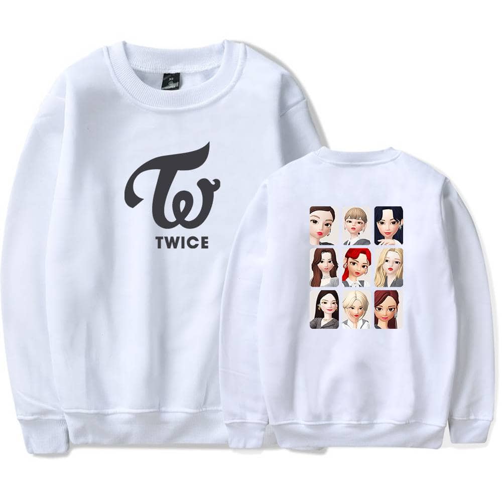 TWICE K-pop merchandise sweatshirt featuring the group's logo on the front and illustrated member portraits on the back. Perfect for fans to showcase their support and style.