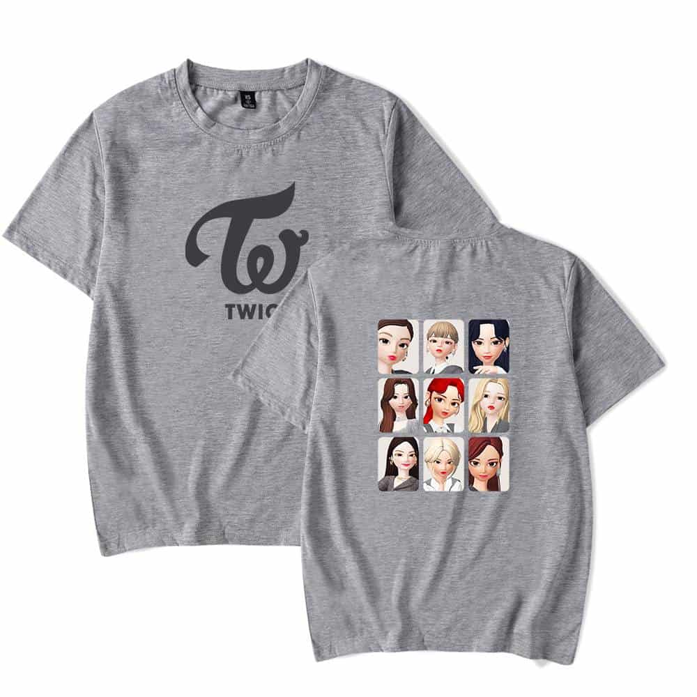 Twice kpop merch, TWICE logo grey t-shirt featuring illustrated portraits of the group members, perfect for K-pop fans and collectors. Show your love for TWICE with this stylish and comfortable merchandise.